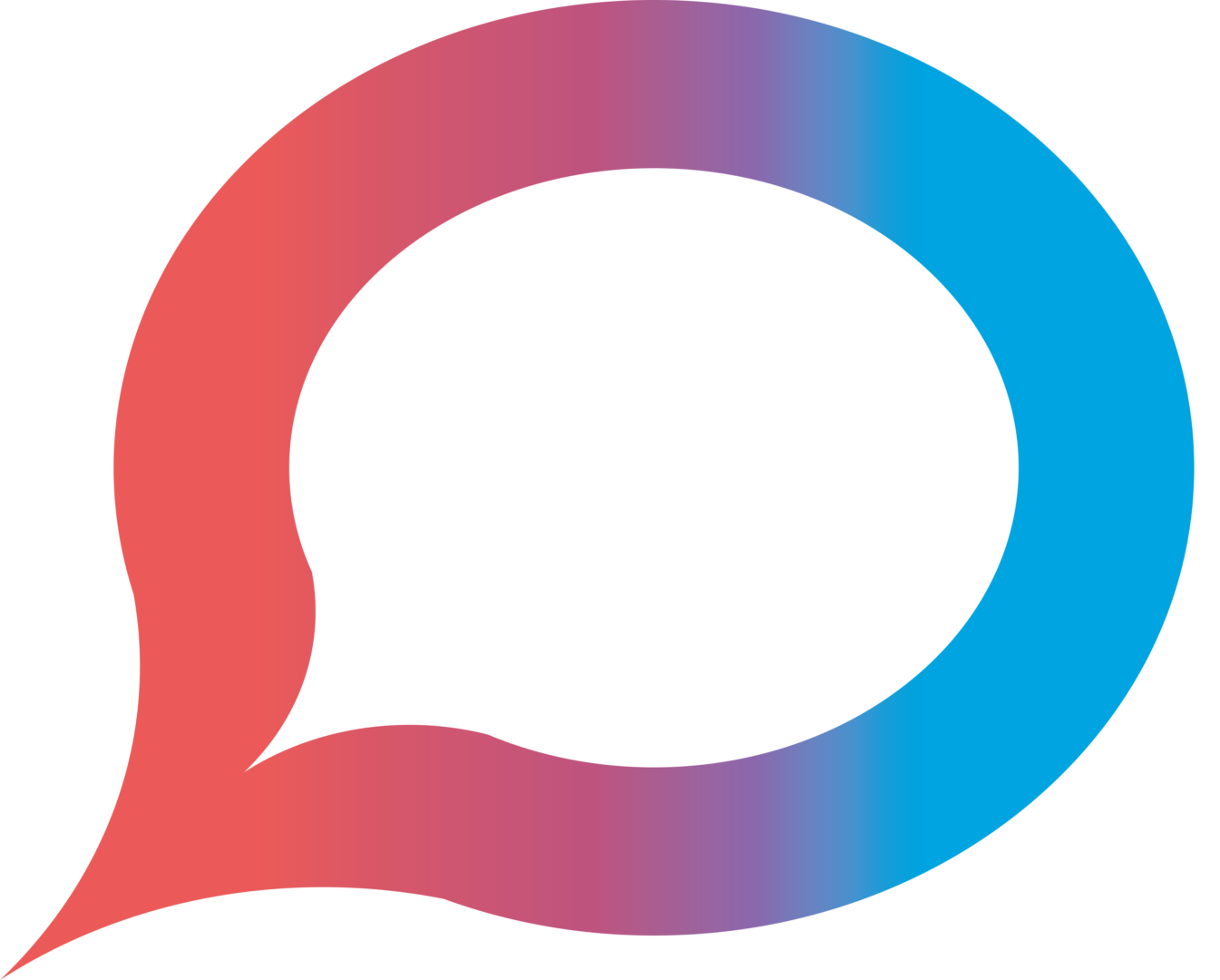 A red and blue speech bubble with a white background