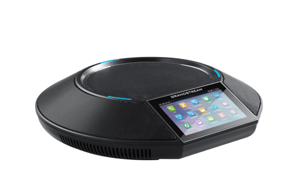 Round black speaker with a touch screen, perfect for business phone integration, VoIP services, and smart office communication.