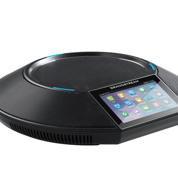 Round black speaker with a touch screen, perfect for business phone integration, VoIP services, and smart office communication.