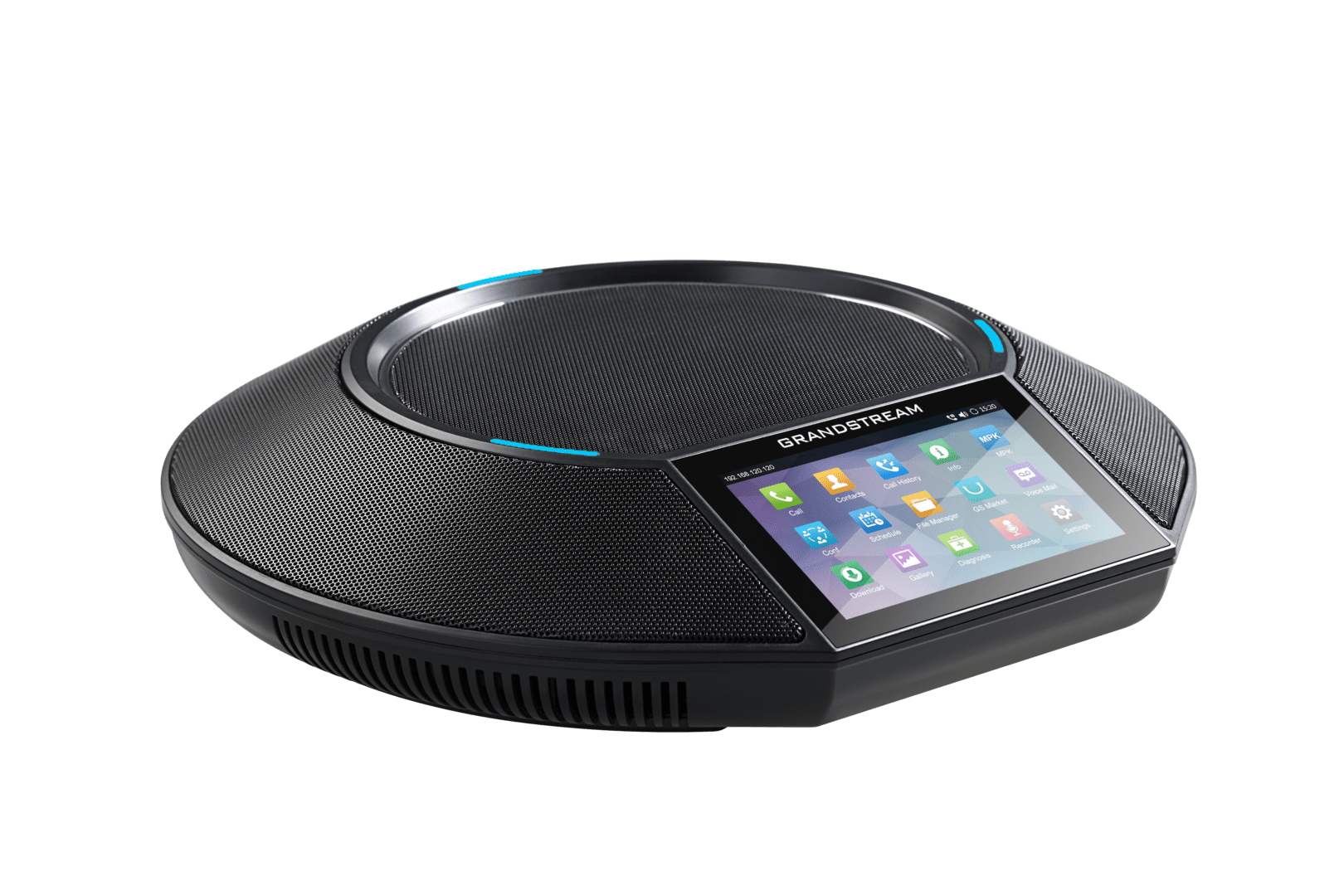 Round black speaker with a touch screen, perfect for business phone integration, VoIP services, and smart office communication.