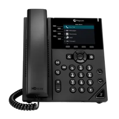 Black phone on its stand representing VoIP phone system, office telephone system, and PBX phone service for seamless business communication