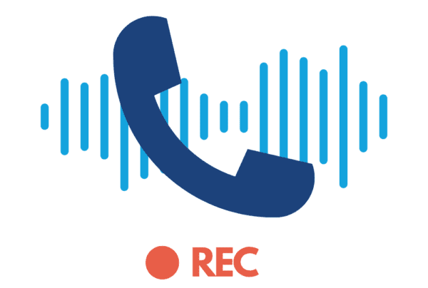 A stylized graphic of a phone handset with sound waves and a red "REC" indicating recording.